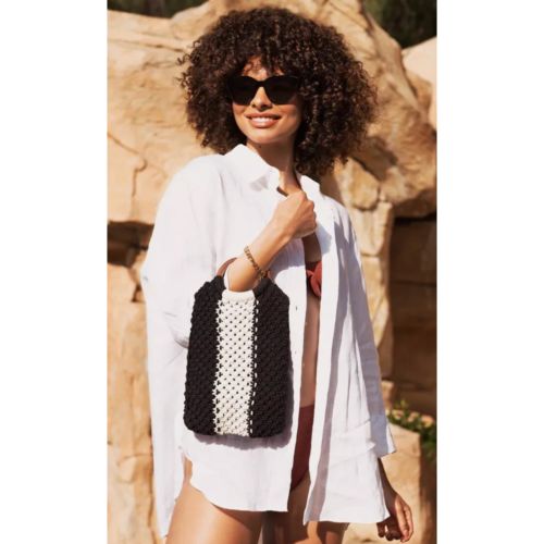 Laude The Label The Gabby Macrame Hand Bag Purse Black And Cream Wooden Handles — image 2 of 5